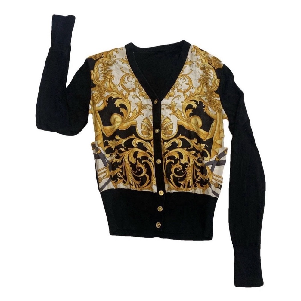 VERSACE Size 40 Vintage Women's Button Up Sweater Cardigan Shirt Black & Gold